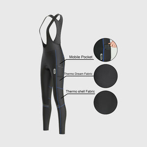 Fdx Black Women's Gel Padded Bib Tights Pants for Winter Roubaix Thermal Fleece Road Bike Wear Windproof, Hi viz Reflectors & Pockets - All Day