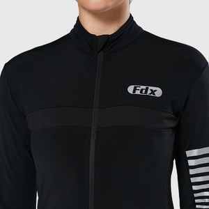 FDX Women’s cycling jersey Black full sleeves Windproof Thermal fleece Roubaix Winter Cycle Tops, lightweight long sleeves Warm lined shirt Reflective Details for biking