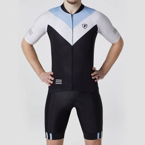 Fdx Mens Short Sleeve Cycling Jersey & Gel Padded Bib Shorts Blue & Black Best Summer Road Bike Wear Light Weight, Hi-viz Reflectors & Pockets - Velos