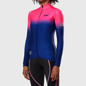 FDX Women’s full sleeves cycling jersey Pink & Blue warm winter Roubaix biking top, lightweight windproof long sleeves fleece lined cycle shirt for riding