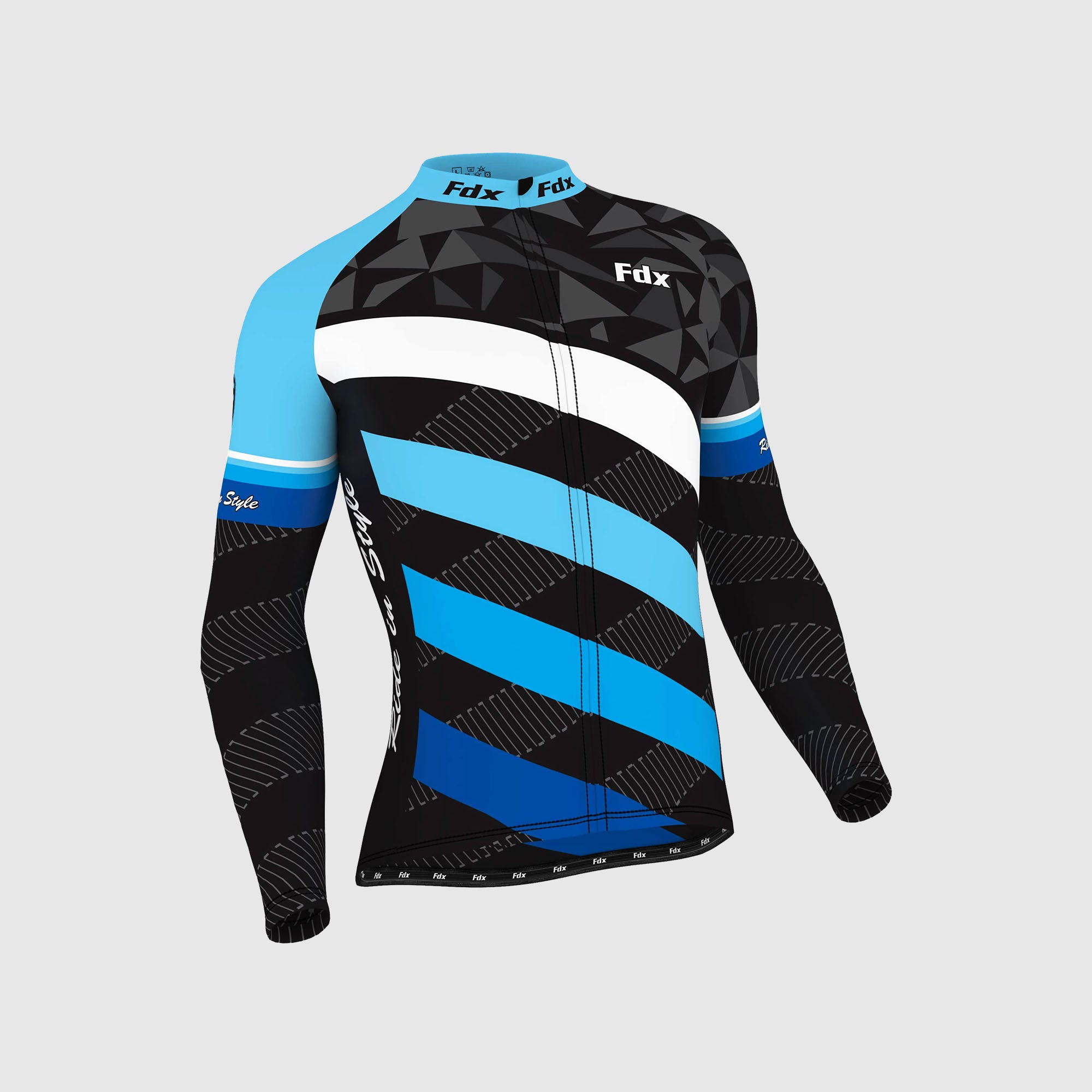 Fdx Men's Black & Blue Long Sleeve Cycling Jersey & Gel Padded Bib Tights Pants for Winter Roubaix Thermal Fleece Road Bike Wear Windproof, Hi-viz Reflectors & Pockets - Equin