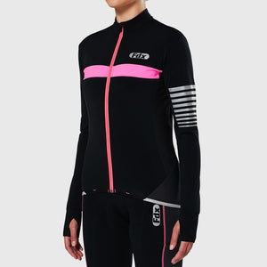 Women’s Black & Pink full sleeves cycling jersey windproof warm Roubaix winter biking top, lightweight long sleeves thermal fleece shirt for bike riding