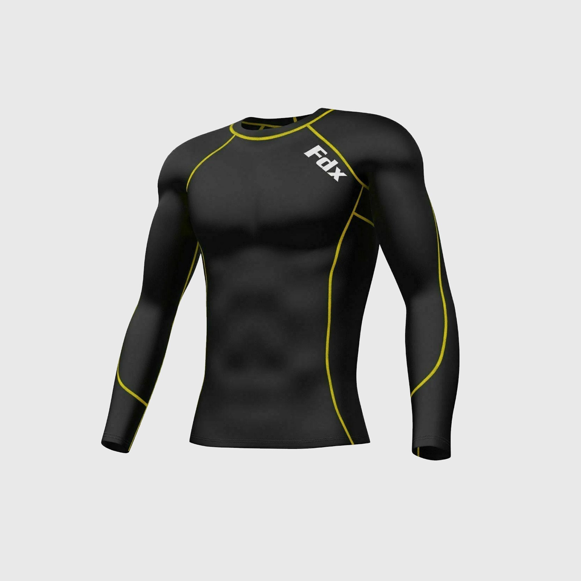 Fdx Mens Black & Yellow Long Sleeve Compression Top & Compression Tights Base Layer Gym Training Jogging Yoga Fitness Body Wear - Thermolinx
