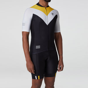 Fdx Mens Short Sleeve Cycling Jersey & Gel Padded Bib Shorts Black & Yellow Best Summer Road Bike Wear Light Weight, Hi-viz Reflectors & Pockets - Velos