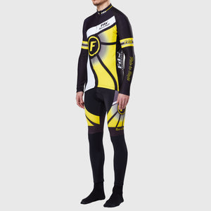 Fdx Men's Black & Yellow Long Sleeve Cycling Jersey & Gel Padded Bib Tights Pants for Winter Roubaix Thermal Fleece Road Bike Wear Windproof, Hi-viz Reflectors & Pockets - Signature