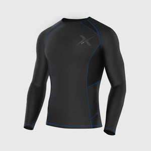 Fdx Mens Black & Blue Long Sleeve Compression Top & Compression Tights Base Layer Gym Training Jogging Yoga Fitness Body Wear - Recoil