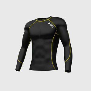 Fdx Mens Gym Wear Black & Yellow Long Sleeve Compression Top Running Workout Wear Rash Guard Stretchable Breathable - Blitz