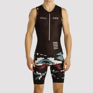 Fdx Mens Black Sleeveless Gel Padded Triathlon / Skin Suit for Summer Cycling Wear, Running & Swimming Half Zip - Camouflage