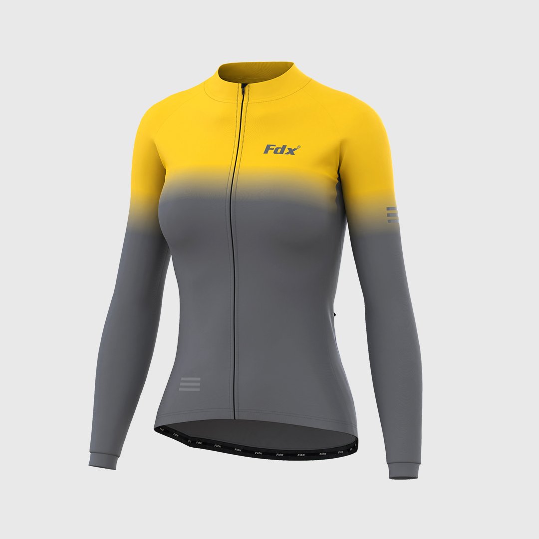 Fdx Women's Yellow & Grey Long Sleeve Cycling Jersey & Gel Padded Bib Tights Pants for Winter Roubaix Thermal Fleece Road Bike Wear Windproof, Hi-viz Reflectors & Pockets - Duo