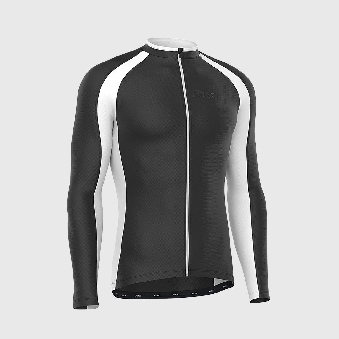 Fdx Mens Black & White Long Sleeve Cycling Jersey for All Seasons	Road Bike Wear Top Full Zipper, Pockets & Hi-viz Reflectors - Transition