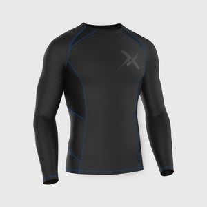 Fdx Mens Black & Blue Long Sleeve Compression Top & Compression Tights Base Layer Gym Training Jogging Yoga Fitness Body Wear - Recoil