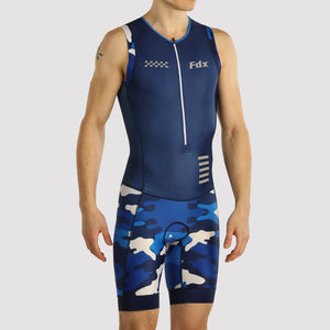 Fdx Mens Blue Sleeveless Gel Padded Triathlon / Skin Suit for Summer Cycling Wear, Running & Swimming Half Zip - Camouflage