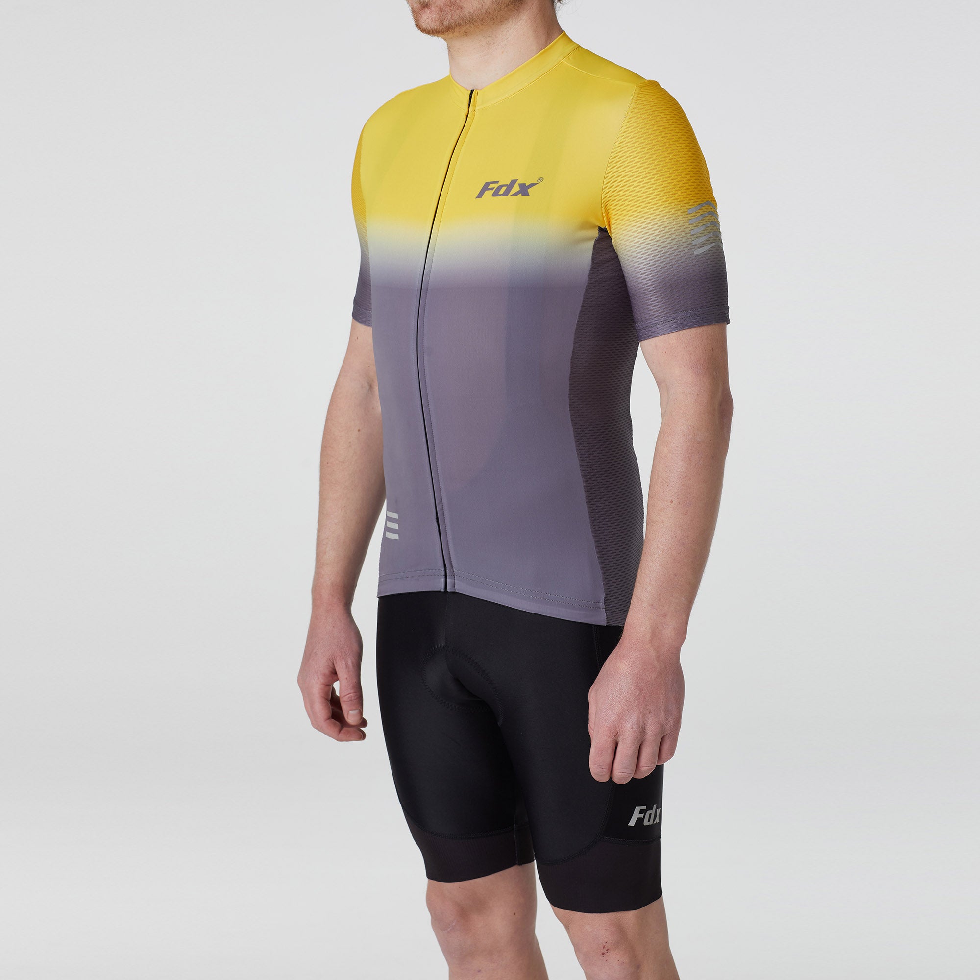 Fdx Mens Yellow & Grey Short Sleeve Cycling Jersey & Gel Padded Bib Shorts Best Summer Road Bike Wear Light Weight, Hi-viz Reflectors & Pockets - Duo
