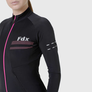 Women’s Black & Pink full sleeves cycling jersey windproof warm Roubaix winter biking top, lightweight long sleeves thermal fleece shirt for bike riding
