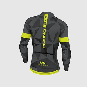 Fdx Men's Grey & Yellow Long Sleeve Cycling Jersey & Gel Padded Bib Tights Pants for Winter Roubaix Thermal Fleece Road Bike Wear Windproof, Hi-viz Reflectors & Pockets - Splinter
