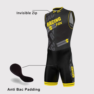 Fdx Mens Black & Yellow Sleeveless Gel Padded Triathlon / Skin Suit for Summer Cycling Wear, Runnung & Swimming Half Zip - Core