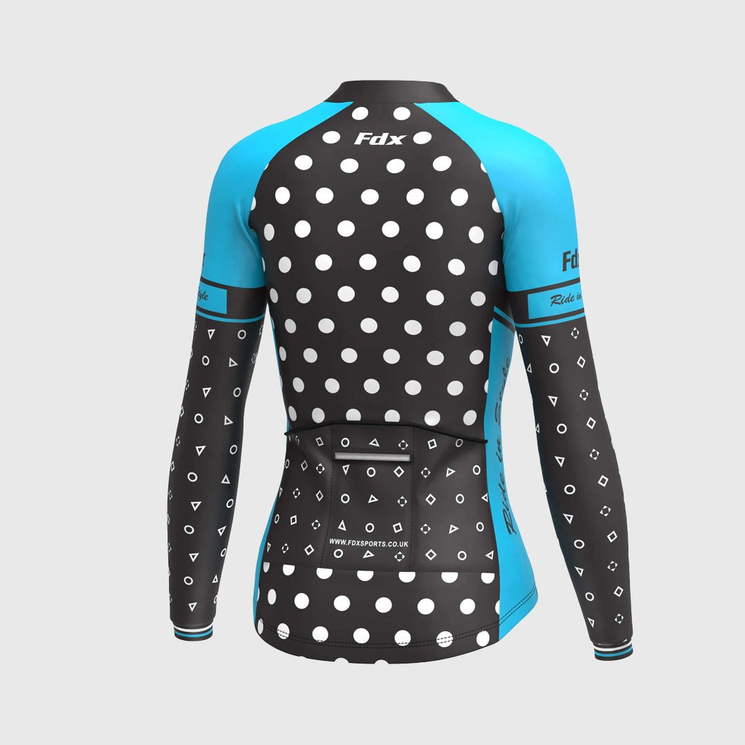 Fdx Womens Black & Blue Long Sleeve Cycling Jersey for Winter Roubaix Thermal Fleece Road Bike Wear Top Full Zipper, Pockets & Hi-viz Reflectors - Polka Dots