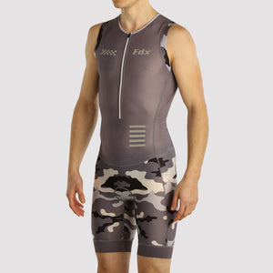 Fdx Mens Grey Sleeveless Gel Padded Triathlon / Skin Suit for Summer Cycling Wear, Running & Swimming Half Zip - Camouflage