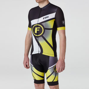 Fdx Black & Yellow Short Sleeve Cycling Jersey & Gel Padded Bib Shorts Mens Best Summer Road Bike Wear Light Weight, Hi-viz Reflectors & Pockets - Signature
