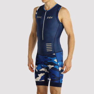 Fdx Mens Blue Sleeveless Gel Padded Triathlon / Skin Suit for Summer Cycling Wear, Running & Swimming Half Zip - Camouflage