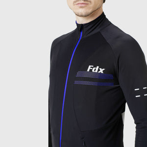 Fdx Men's Black & Blue Long Sleeve Cycling Jersey & Gel Padded Bib Tights Pants for Winter Roubaix Thermal Fleece Road Bike Wear Windproof, Hi-viz Reflectors & Pockets - Arch