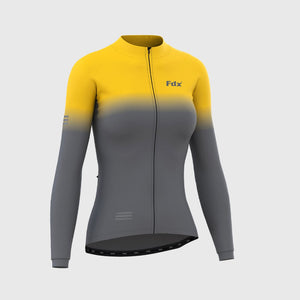 Fdx Women's Yellow & Grey Long Sleeve Cycling Jersey & Cushion Padded Bib Tights Pants for Winter Roubaix Thermal Fleece Road Bike Wear Windproof, Hi viz Reflectors & Pockets - Duo