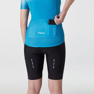 Fdx Womens Blue Short Sleeve Cycling Jersey & Gel Padded Bib Shorts Best Summer Road Bike Wear Light Weight, Hi-viz Reflectors & Pockets - Duo