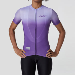 Fdx Women's Purple Short Sleeve Cycling Jersey Breathable Quick Dry Mesh Fleece Full Zip Hi Viz Reflectors & Pockets Summer Cycling Gear UK