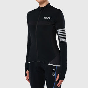 Women's Black Winter Cycling Suit, Windproof warm Roubaix fleece Clothing, Lightweight bike Set thumb whole cuffs, Long Sleeve Jersey with 3D Padded Bib Tights