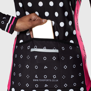 Fdx Womens Black & Pink Long Sleeve Cycling Jersey for Winter Roubaix Thermal Fleece Road Bike Wear Top Full Zipper, Pockets & Hi-viz Reflectors - Polka Dots