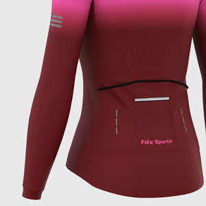 Fdx Women's Pink & Maroon Long Sleeve Cycling Jersey & Cushion Padded Bib Tights Pants for Winter Roubaix Thermal Fleece Road Bike Wear Windproof, Hi viz Reflectors & Pockets - Duo