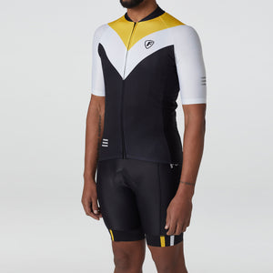 Fdx Short Sleeve Cycling Jersey & Gel Padded Bib Shorts Mens Black & Yellow Best Summer Road Bike Wear Light Weight, Hi-viz Reflectors & Pockets - Velos