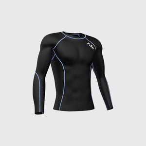 Fdx Mens Black & Blue Long Sleeve Compression Top & Compression Tights Base Layer Gym Training Jogging Yoga Fitness Body Wear - Blitz