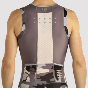 Fdx Mens Grey Sleeveless Gel Padded Triathlon / Skin Suit for Summer Cycling Wear, Running & Swimming Half Zip - Camouflage