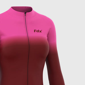 Fdx Women's Pink & Maroon Long Sleeve Cycling Jersey & Cushion Padded Bib Tights Pants for Winter Roubaix Thermal Fleece Road Bike Wear Windproof, Hi viz Reflectors & Pockets - Duo