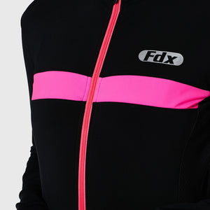 Fdx Women's Black & Pink Long Sleeve Cycling Jersey & Gel Padded Bib Tights Pants for Winter Roubaix Thermal Fleece Road Bike Wear Windproof, Hi viz Reflectors & Pockets - All Day