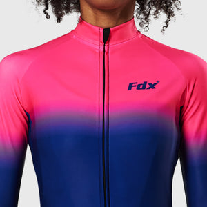 Fdx Women's Pink & Blue Long Sleeve Winter Thermal Cycling Jersey Windproof Water Resistance Hi Viz Reflectors & Pockets Cycling Gear UK
