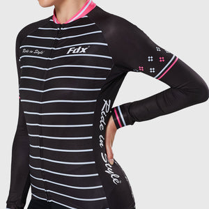 Fdx Womens Black & Pink Long Sleeve Cycling Jersey for Winter Roubaix Thermal Fleece Road Bike Wear Top Full Zipper, Pockets & Hi-viz Reflectors - Ripple