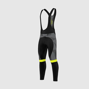 Fdx Men's Grey & Yellow Long Sleeve Cycling Jersey & Gel Padded Bib Tights Pants for Winter Roubaix Thermal Fleece Road Bike Wear Windproof, Hi-viz Reflectors & Pockets - Splinter