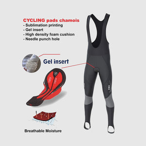 Fdx Mens Black & Grey Long Sleeve Cycling Jersey & Gel Padded Bib Tights Pants for Winter Roubaix Thermal Fleece Road Bike Wear Windproof, Hi-viz Reflectors & Pockets - Thermodream