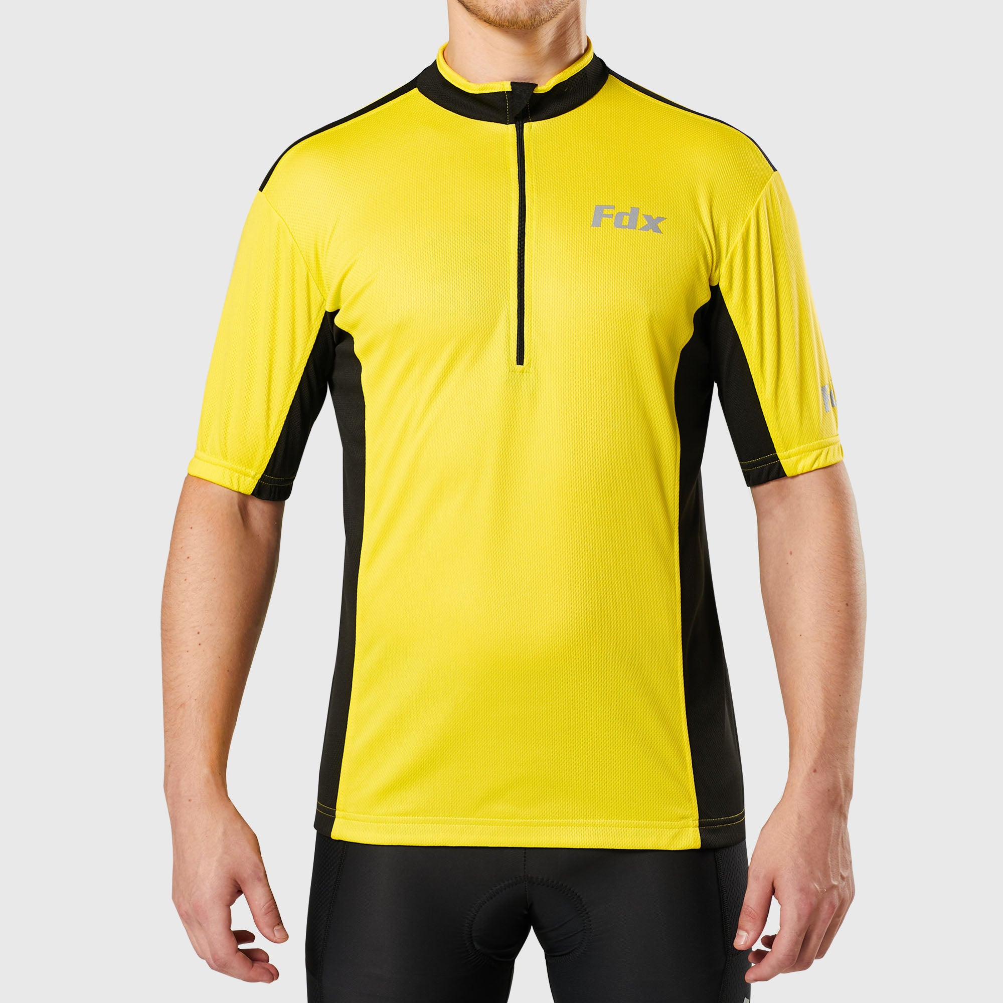 Fdx Mens Yellow & Black Short Sleeve Cycling Jersey for Summer Best Road Bike Wear Top Light Weight, Full Zipper, Pockets & Hi-viz Reflectors - Vertex