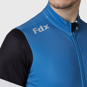 Fdx Mens Blue Reflective Long Sleeve Cycling Jersey for Winter Roubaix Thermal Fleece Road Bike Wear Top Full Zipper, Pockets & Hi-viz Reflectors - Limited Edition