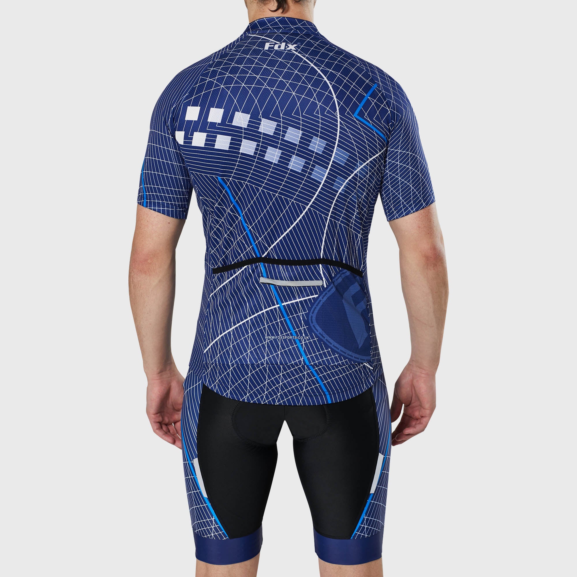 Fdx Mens Blue Short Sleeve Cycling Jersey & Gel Padded Bib Shorts Best Summer Road Bike Wear Light Weight, Hi-viz Reflectors & Pockets - Classic II
