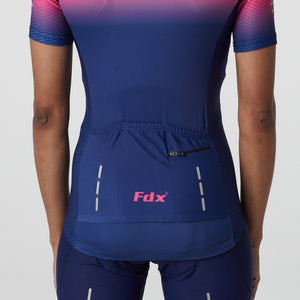 Fdx Women's Blue & Pink Short Sleeve Cycling Jersey & Gel Padded Bib Shorts Best Summer Road Bike Wear Light Weight, Hi viz Reflectors & Pockets - Duo