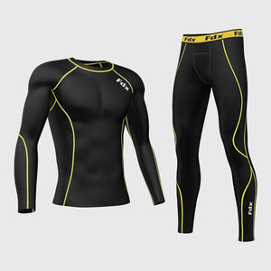 Fdx Mens Black & Yellow Long Sleeve Compression Top & Compression Tights Base Layer Gym Training Jogging Yoga Fitness Body Wear - Blitz