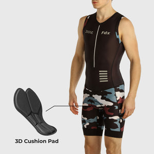 Fdx Men's Blue Sleeveless Gel Padded Triathlon / Skin Suit for Summer Cycling Wear, Running & Swimming Half Zip Reflective Details- Camouflage