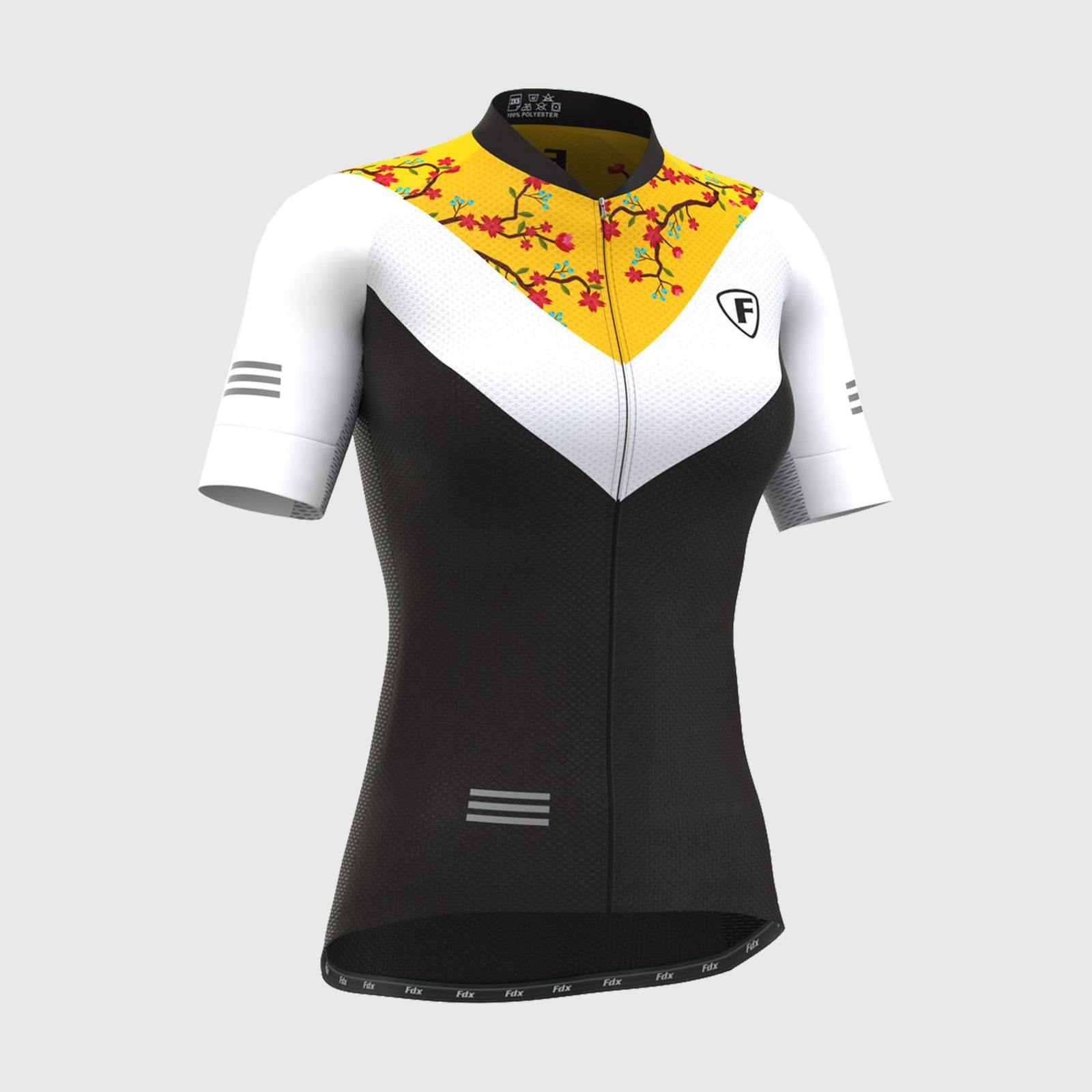 Fdx Women's Yellow, Black & White Short Sleeve Cycling Jersey Breathable Quick Dry Mesh Fleece Full Zip Hi Viz Reflectors & Pockets Summer Cycling Gear UK