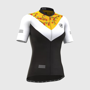 Fdx Women's Yellow, Black & White Short Sleeve Cycling Jersey Breathable Quick Dry Mesh Fleece Full Zip Hi Viz Reflectors & Pockets Summer Cycling Gear UK
