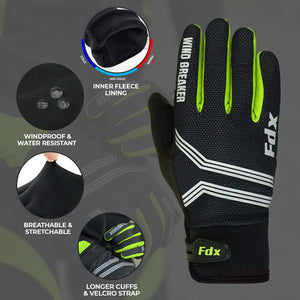 FDX Unisex Green & Black Full Finger Winter Cycling Gloves - warm windproof anti-slip MTB padded unisex gloves, waterproof touch compatible women racing mitts