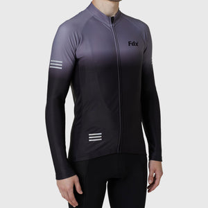 Fdx Mens Black & Grey Long Sleeve Cycling Jersey & Gel Padded Bib Tights Pants for Winter Roubaix Thermal Fleece Road Bike Wear Windproof, Hi-viz Reflectors & Pockets - Duo